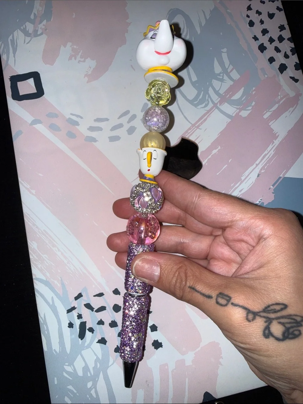New Mrs. Pots & Chip Purple Glitter Beaded Novelty Charm Pen